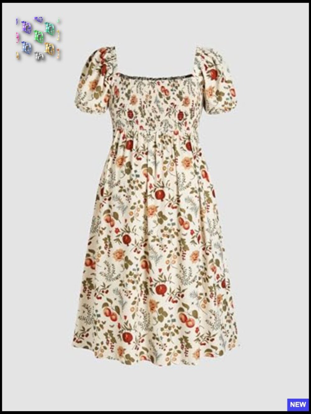 Floral Fruit Square Neck Puff Sleeve Midi Dress Plus Size Summer Vacation Outfit - Picture 5 of 6